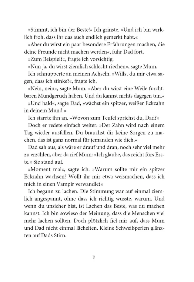 Gezeigt wird eine Innenansicht von „Wie man 13 wird und überlebt“. Die Seite zeigt einen gedruckten Text, bestehend aus Dialogen zwischen verschiedenen Charakteren. Die Serifenschrift auf hellem Hintergrund ist gut lesbar. Die Absätze sind eindeutig vonei