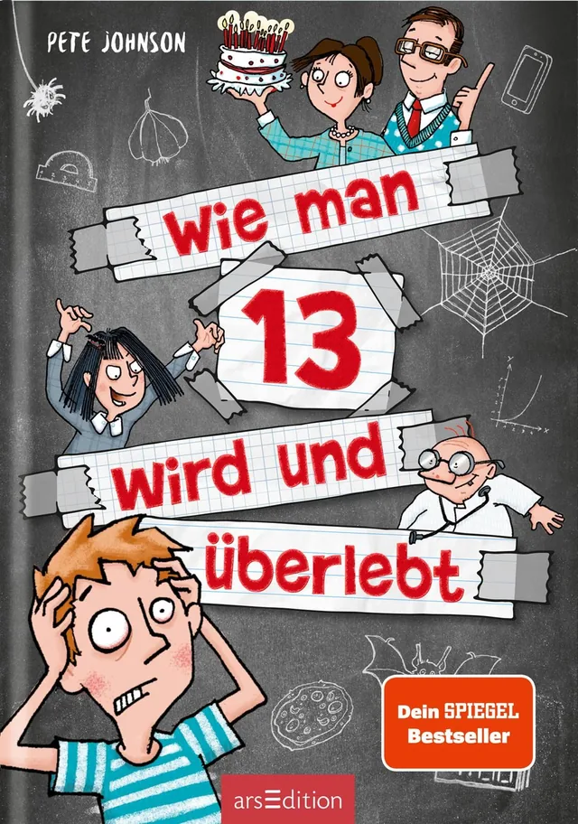 Das Buchcover zeigt eine humorvolle, illustrierte Szene auf einem grauen Hintergrund. Im Vordergrund steht ein junger, erschreckter Junge mit blonden Haaren, der in einer leicht erhöhten Position ist. Um ihn herum sind lebhafte Zeichnungen von mehreren Ch